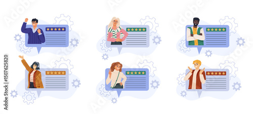 User reviews feedback set. Men and women leave personal opinion on internet. Ranking and rating. Customer satisfaction and loyalty. Flat vector collection