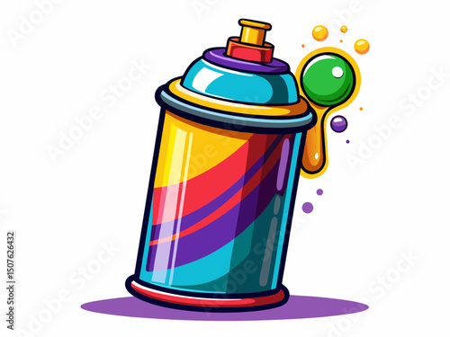 A vector illustration of a spray paint can with colorful cap and mist nozzle, isolated on a white background