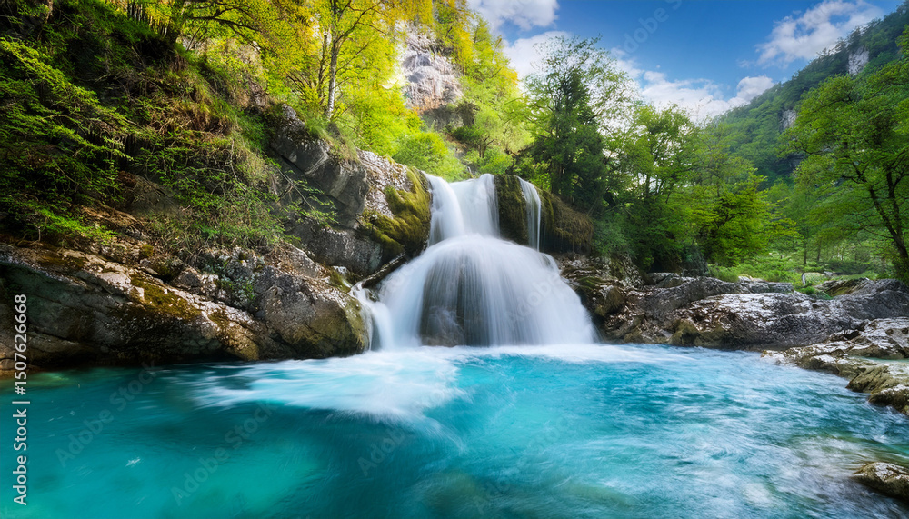 Fototapeta premium beautiful waterfall on mountain river with turquoise water
