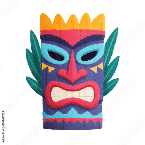 Colorful summer icon. Tiki mask. Flat style clipart isolated on transparent background. Travel and vacation concept. Design for stickers, t-shirts, summer product advertisement.