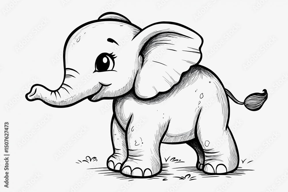 Obraz premium An adorable cartoon elephant sketched in black and white. A playful and whimsical illustration of a baby elephant calf.