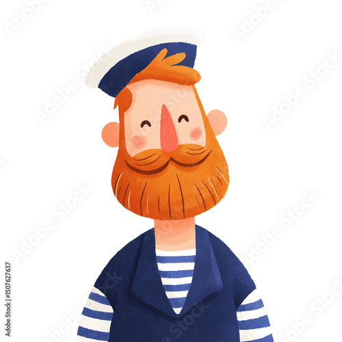 Sailor captain with bright orange beard. Flat style clipart isolated on transparent background. Travel and vacation concept. Design for stickers, t-shirts, summer product advertisement.