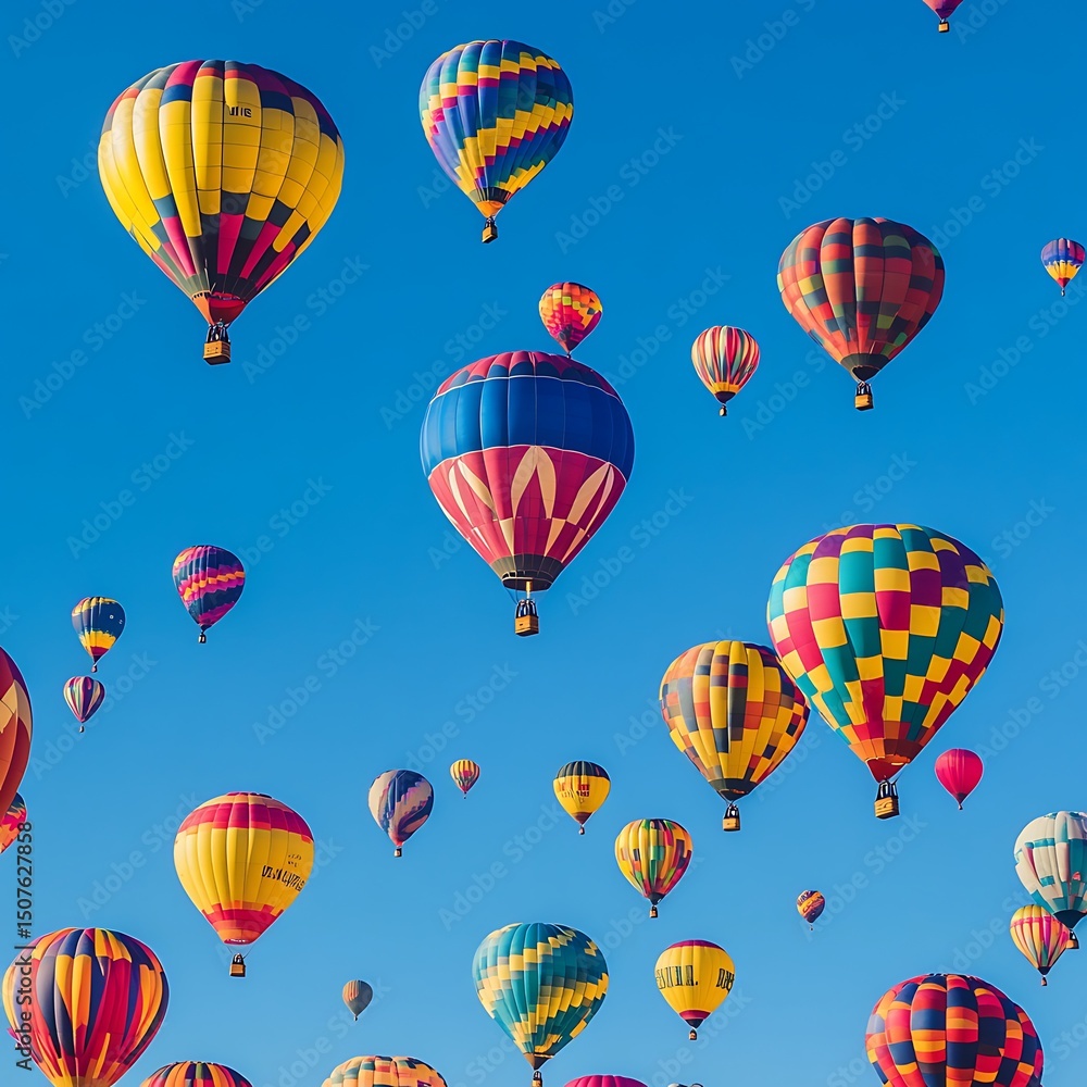Colorful hot air balloons fill a vibrant blue sky. Colorful hot air balloons fill a vibrant blue sky.