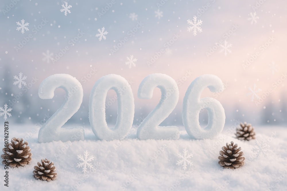 Snowy 2026 digits with pinecones and snowflakes. Snowy 2026 digits with pinecones and snowflakes.