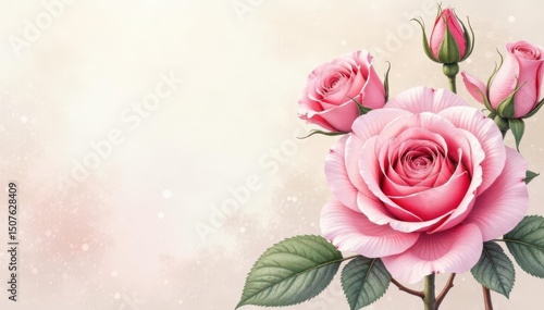 Intricate watercolor roses in soft blush and ivory tones, illustration, background