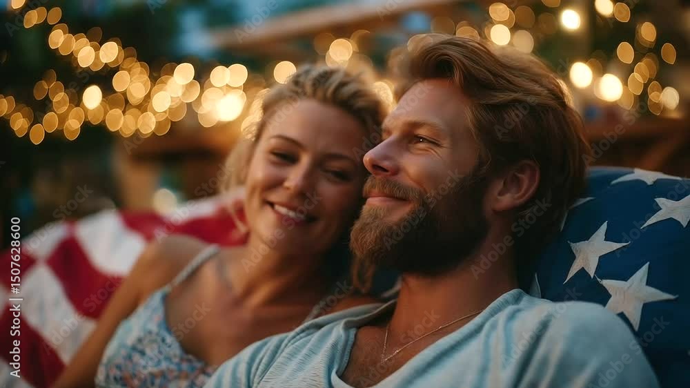 Romantic summer evening with a couple under twinkling string lights and a waving American flag. Romantic summer evening with a couple under twinkling string lights and a waving American flag.