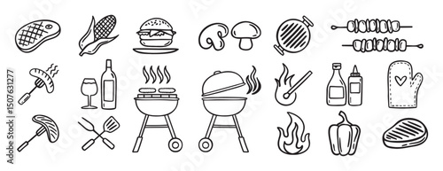 Barbecue grill party doodle hand drawn icon set. Outline drawing BBQ tools charcoal firewood and products line clipart symbol collection 