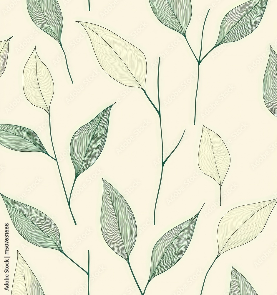 Leaf Pattern with Green Branches on Cream Background Leaf Pattern with Green Branches on Cream Background