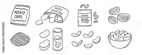 Potato chips doodle hand drawn icon set. Outline drawing crispy snack line clipart symbol