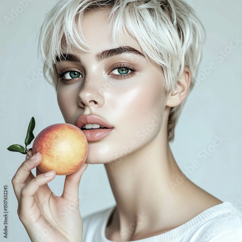golden bite: a woman with striking green eyes and short, wispy hair savors a peach, her peachy lipstick mirroring the fruit’s warm hue in a moment of natural indulgence