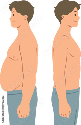 Illustration depicting a man's body before and after weight loss, showing a significant transformation from overweight to a healthier, fitter physique. Ideal for health, diet, and fitness concepts.