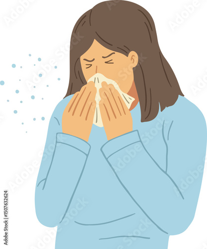 A woman sneezes or coughs into a tissue, illustrating symptoms of a cold, flu, or allergies. Ideal for health, hygiene, illness prevention, and medical topics.