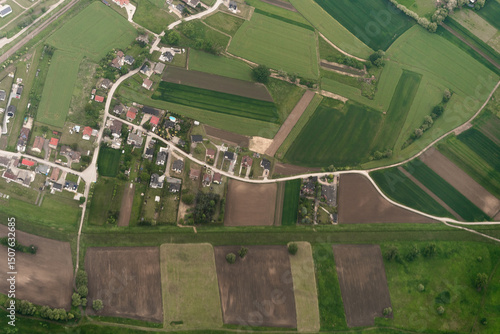 Aerial farmland landscape. For illustrating rural development, agriculture, or land use planning topics.