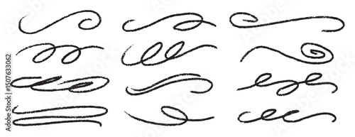  divider collection. doodle hand drawn swashes and flourishes. Ornate swirl swashes, decorative dividers. Black paint curved strokes.
