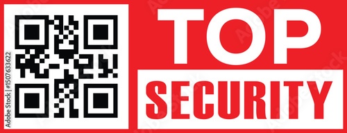 Vibrant red banner with bold white sans-serif text " TOP" above "SECURITY," stacked vertically. Black-and-white QR code in upper left quadrant. Modern minimalist design, high contrast
