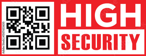 Vibrant red banner with bold white sans-serif text " HIGH" above "SECURITY," stacked vertically. Black-and-white QR code in upper left quadrant. Modern minimalist design, high contrast