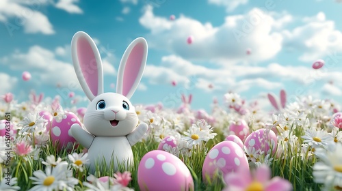 Wallpaper Mural A cheerful easter bunny surrounded by pink speckled eggs and flowers. Torontodigital.ca