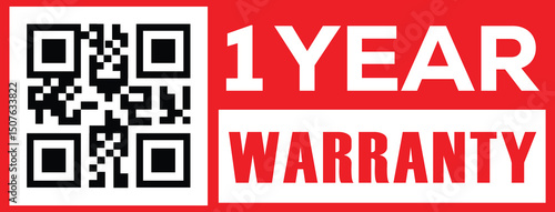 Vibrant red banner with bold white sans-serif text "1 YEAR" above "WARRANTY," stacked vertically. Black-and-white QR code in upper left quadrant. Modern minimalist design, high contrast