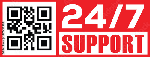 Vibrant red banner with bold white sans-serif text "24/7" above "support," stacked vertically. Black-and-white QR code in upper left quadrant. Modern minimalist design, high contrast, clean lines.