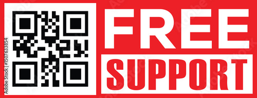 Vibrant red banner with bold white sans-serif text "FREE" above "SUPPORT," stacked vertically. Black-and-white QR code in upper left quadrant. Modern minimalist design, high contrast