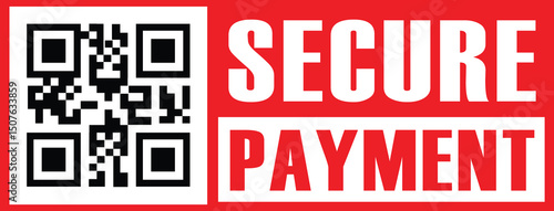 Vibrant red banner with bold white sans-serif text "SECURE" above "PAYMENT," stacked vertically. Black-and-white QR code in upper left quadrant. Modern minimalist design, high contrast