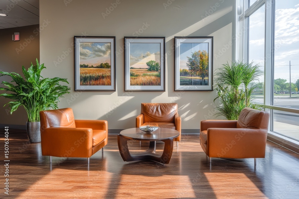 Fototapeta premium Cozy office lounge with three leather chairs, coffee table, and scenic art on wall