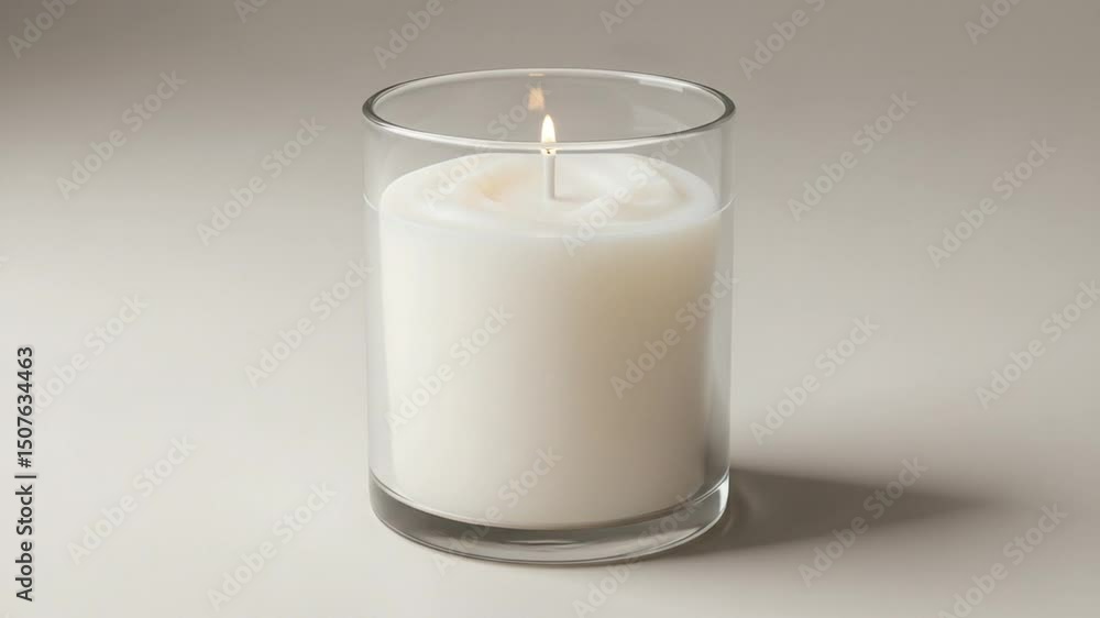 White candle in glass holder with soft flame on neutral background White candle in glass holder with soft flame on neutral background