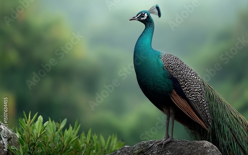 Wallpaper Mural Emerald peacock surveying misty landscape Torontodigital.ca