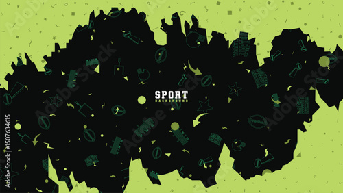 Grunge American Football Sport Background with Trophy and Equipment Icons on Green Splash Style