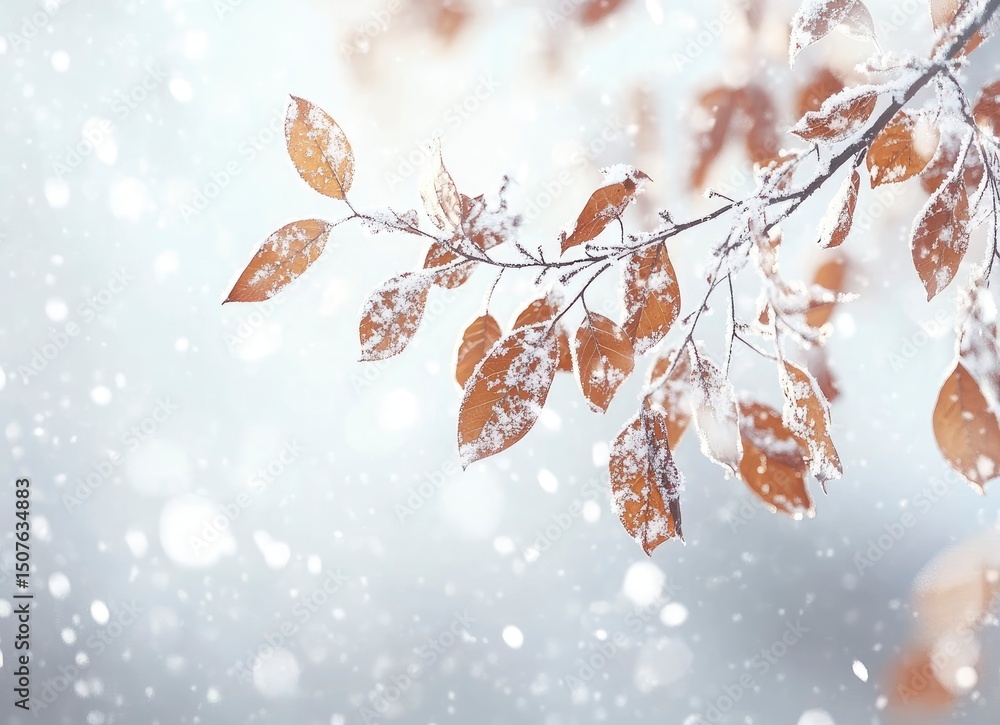Snow Covered Leaves on Branch Snow Covered Leaves on Branch