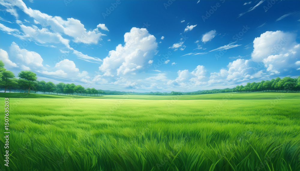 Fototapeta premium green field day sky clouds anime background