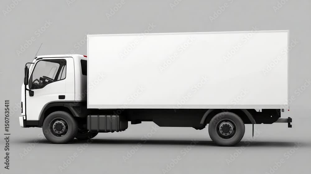 White delivery truck parked on a gray background, showcasing its spacious cargo area White delivery truck parked on a gray background, showcasing its spacious cargo area