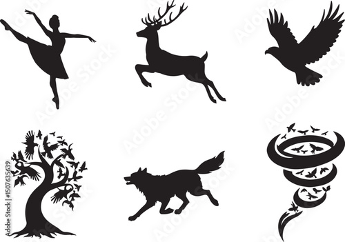 Silhouette Illustrations of Animals and Nature Elements on Black Background for Wildlife and Environmental Designs
