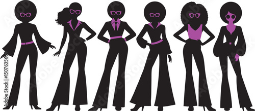 Silhouette Style Disco Dancers Group on Black Background Vector Illustration for 1970s Theme Design and Groovy Event Posters
