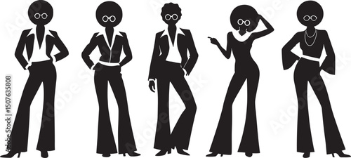 Silhouette Style Group of People in 1970s Outfits on Black Background Vector Illustration for Graphic Design and Creative Projects
