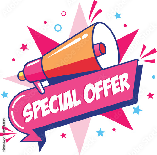 Vibrant Special Offer Announcement with Megaphone and Starburst Design Perfect for Marketing Campaigns and Promotional Materials Highlighting Discounts and Sales with Eye Catching Graphics