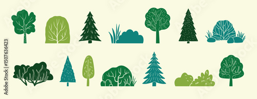 Scandinavian green boho forest silhouette isolated elements set. Color collection different forest plants. trees, bushes, grass, logs, leaves