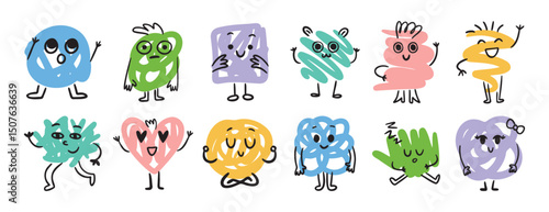 Abstract funny scribble characters different emotions and faces. Cute doodle hand drawn characters set.
