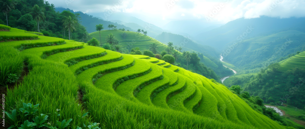 Lush Green Rice Terraces in a Mountainous Landscape Lush Green Rice Terraces in a Mountainous Landscape