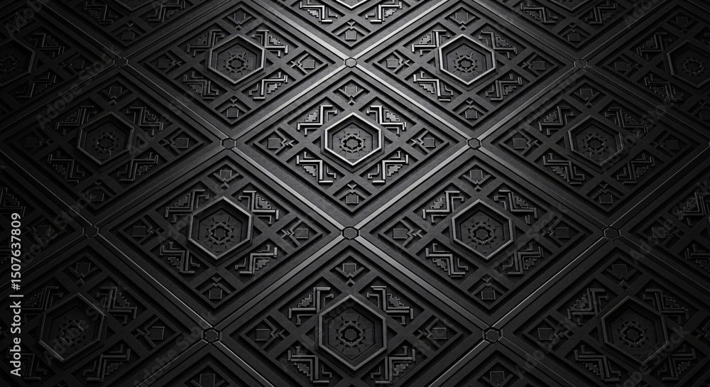 Intricate ceiling design with detailed geometric patterns, creating a sense of grandeur and depth. The ornate elements reflect a rich cultural heritage Intricate ceiling design with detailed geometric patterns, creating a sense of grandeur and depth. The ornate elements reflect a rich cultural heritage