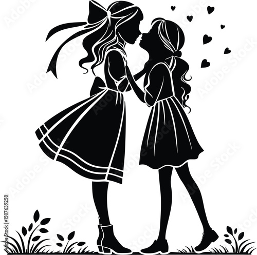 Two Young Girls in Dresses Share a Kiss With Hearts Above Them