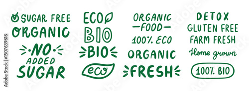 eco organic doodle hand drawn inscriptions lettering labels set. lettering text organic, 100 natural, bio, no added sugar and detox. healthy food icon