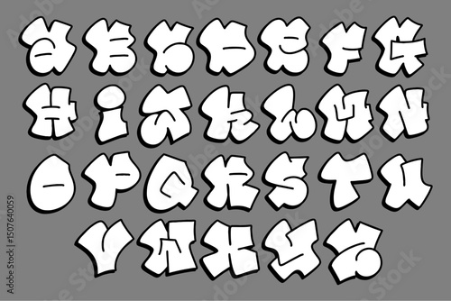 Cool black and white graffiti throw up font A–Z in bold bubble style vector format with gray background. Urban, editable vector lettering ideal for street art, hip hop, posters, apparel.
