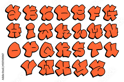 Vibrant orange graffiti throw up font A–Z in bold bubble style vector format with transparent background. Urban, editable vector lettering ideal for street art, hip hop, posters, apparel.
