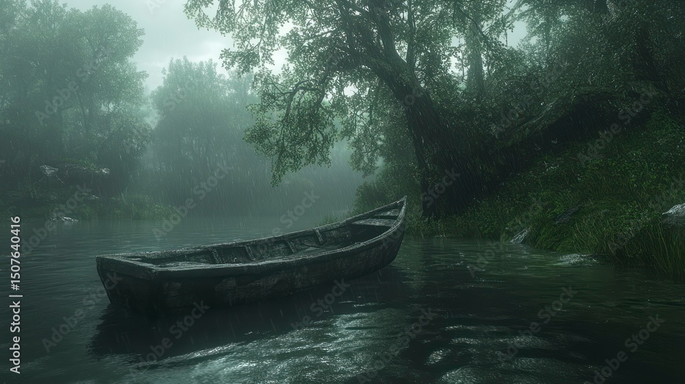 Fototapeta premium Solitary Rowboat in a Serene Rainy Forest Setting Natures Quiet Escape with Calm Waters and