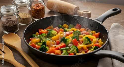 Steaming stir-fried vegetables in a pan, ready for a healthy, flavorful meal.
