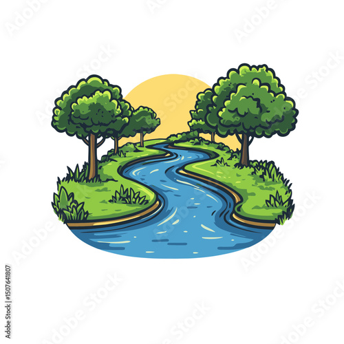 Explore the beauty of a temperate river flowing through lush greenery under a bright sun