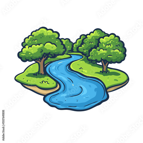 Colorful cartoon illustration of a temperate river surrounded by lush trees and grassy banks
