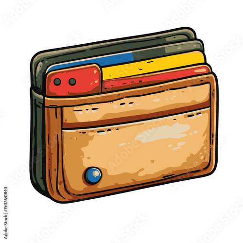 Stylish flat cartoon wallet icon featuring multiple cards and a simple design suitable for various digital applications