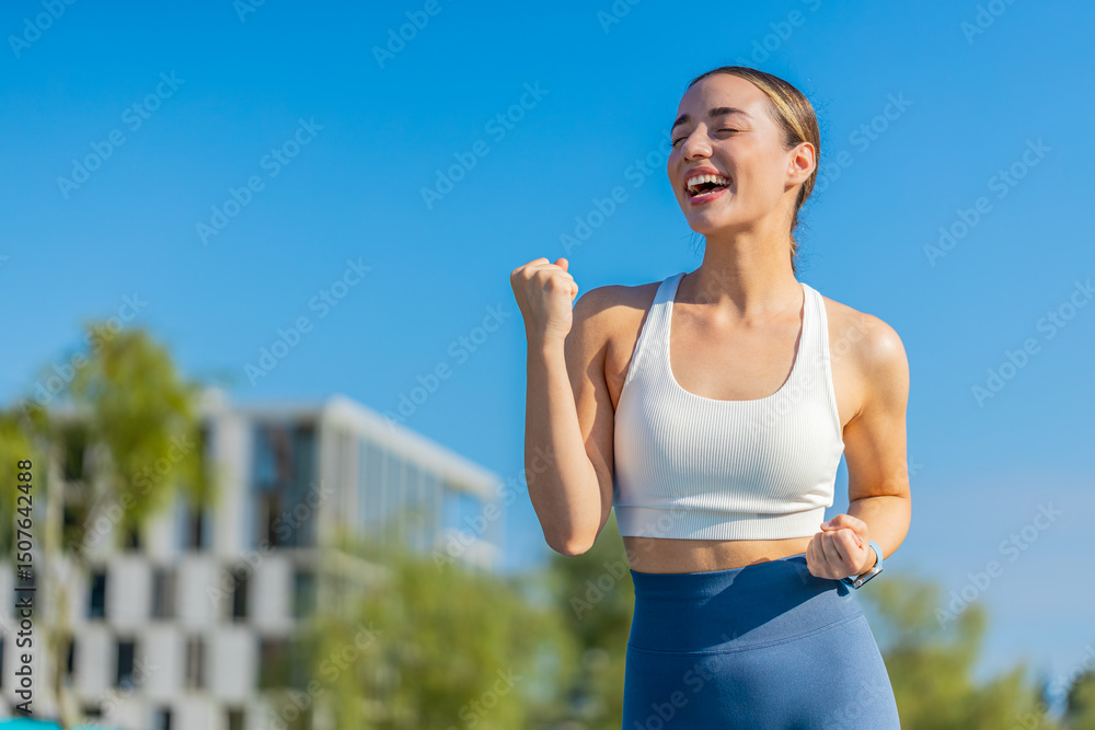 Athletic fit runner celebrate success win scream rejoices triumph victory marathon race. Workout cardio training in sunny city park. Young woman enjoy healthy lifestyle. Active sportswoman motivation. Athletic fit runner celebrate success win scream rejoices triumph victory marathon race. Workout cardio training in sunny city park. Young woman enjoy healthy lifestyle. Active sportswoman motivation.